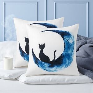 Whimsical Black Cat Moon Cushion Covers 18"x18" Set Of‎ 2 Zippered Polyester